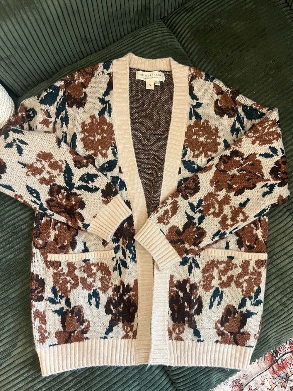 Saltwater LUXE Floral Knit Cardigan in Cream Brown Teal